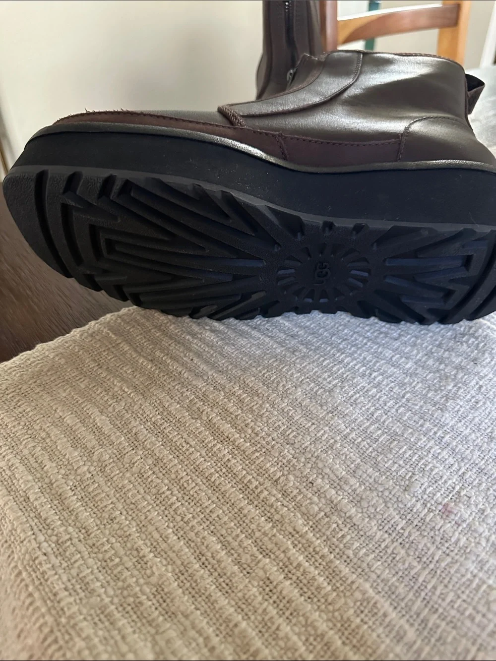 UGG Dark Brown Leather Platform Zip Booties with Black Sole